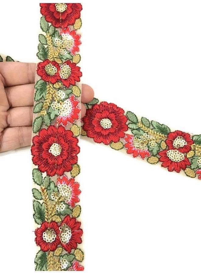 DaSync red lace and Border Materials Floral Flower Sequin Sequence Embroidered Embroidery Golden Dupatta Blouse Lehenga Sari Saree Blouse Dress Gown Decoration 9 Meter - Image 3