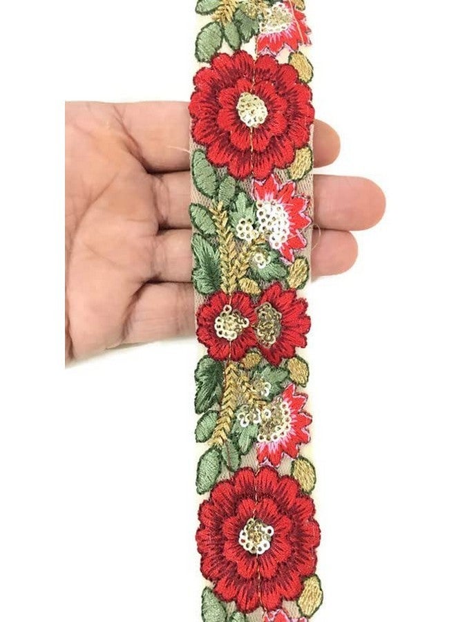 DaSync red lace and Border Materials Floral Flower Sequin Sequence Embroidered Embroidery Golden Dupatta Blouse Lehenga Sari Saree Blouse Dress Gown Decoration 9 Meter - Image 2