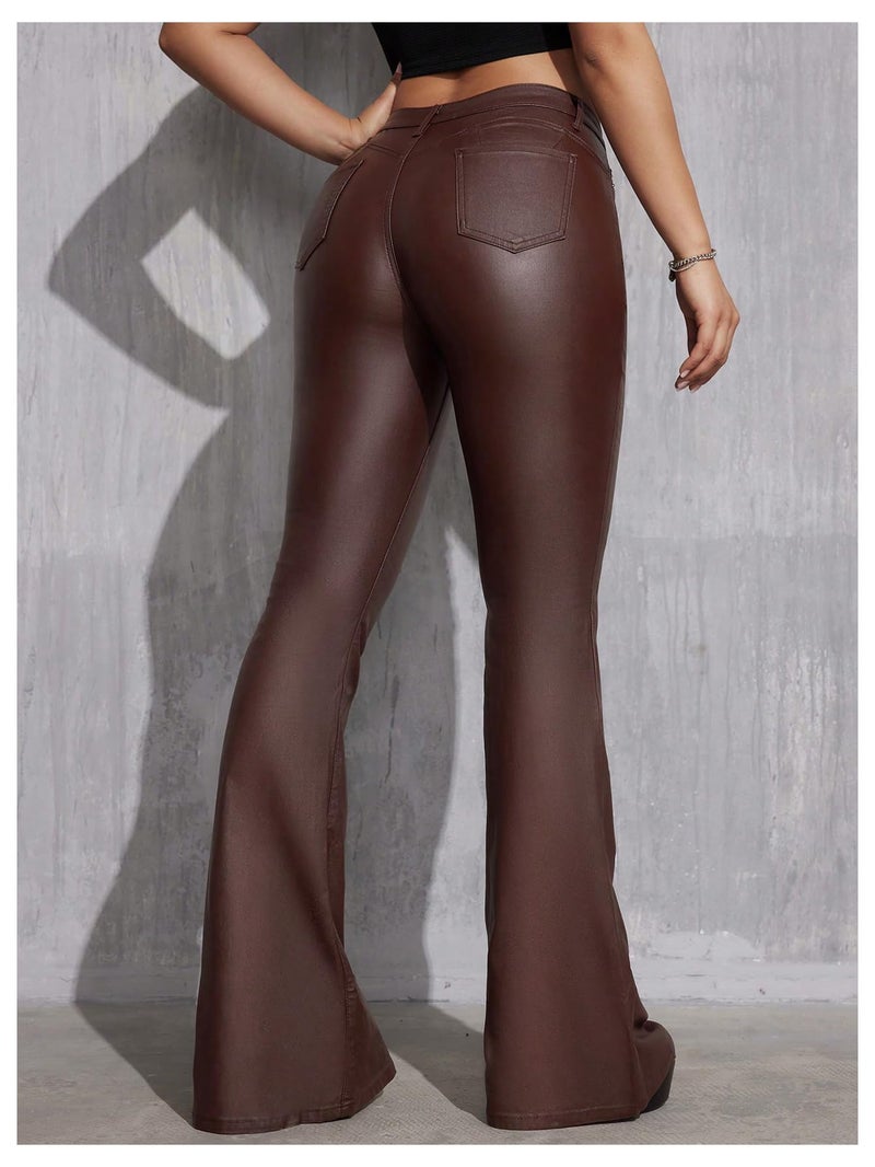 WDIRARA Women's Faux Leather Flare Pants Stretchy Skinny Leggings Bootcut Pants Chocolate Brown Tall-M - Image 2