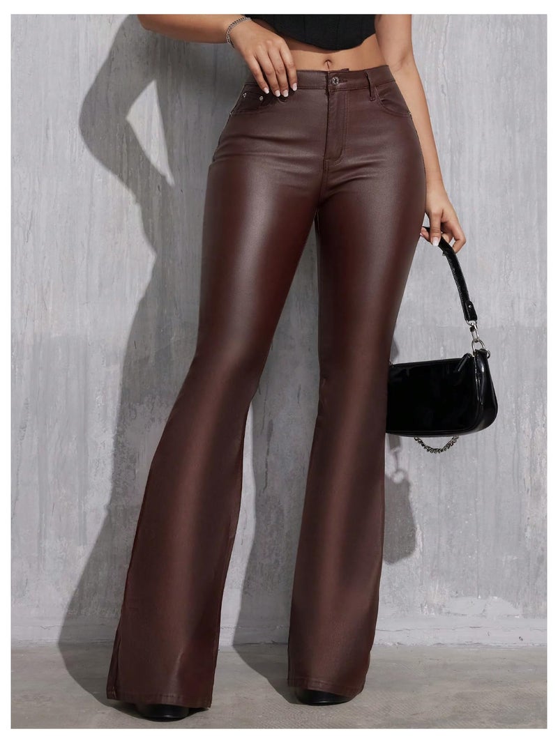 WDIRARA Women's Faux Leather Flare Pants Stretchy Skinny Leggings Bootcut Pants Chocolate Brown Tall-M - Image 5