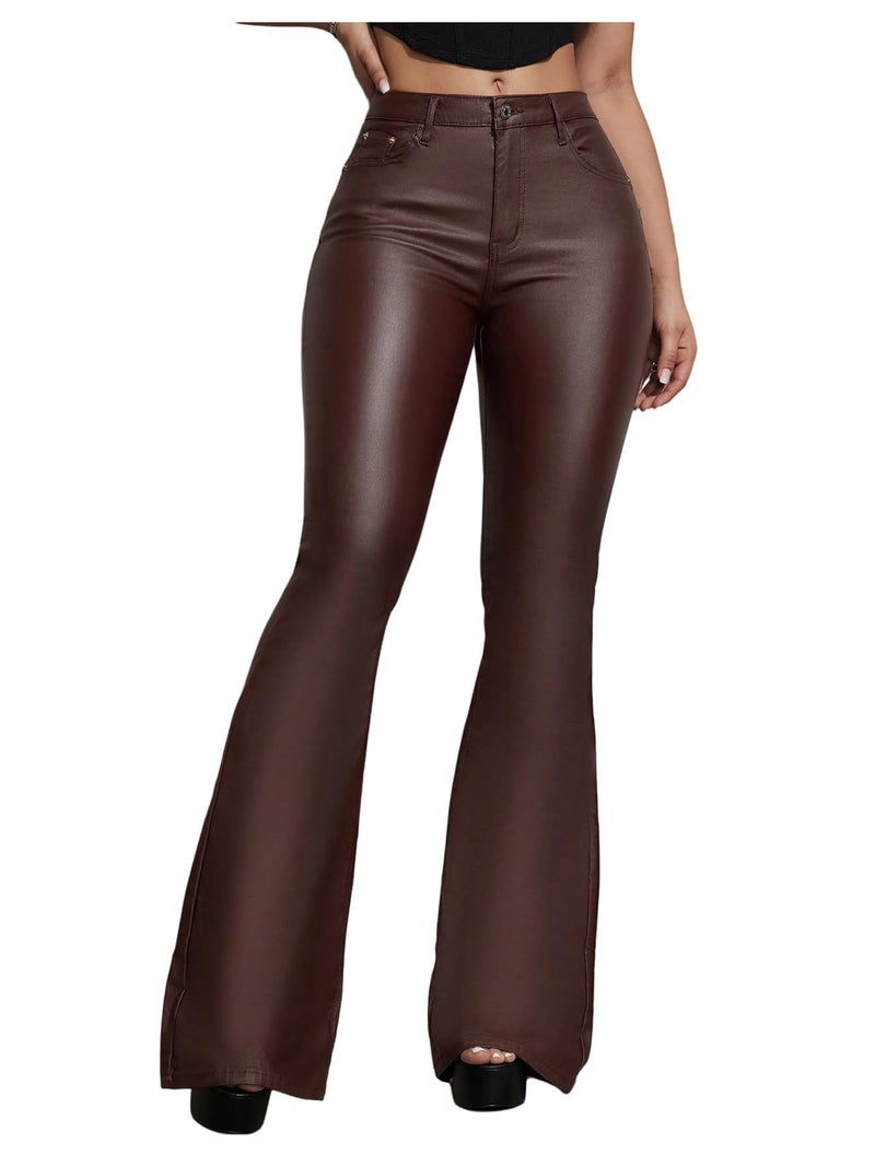 WDIRARA Women's Faux Leather Flare Pants Stretchy Skinny Leggings Bootcut Pants Chocolate Brown Tall-M - Image 1