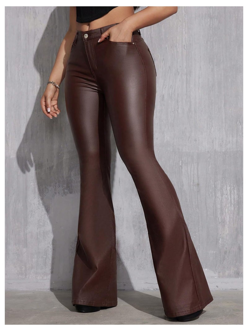 WDIRARA Women's Faux Leather Flare Pants Stretchy Skinny Leggings Bootcut Pants Chocolate Brown Tall-M - Image 3