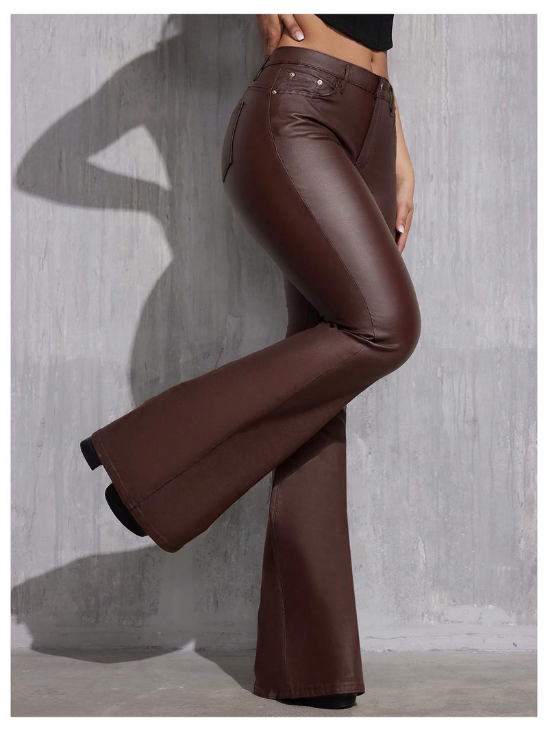 WDIRARA Women's Faux Leather Flare Pants Stretchy Skinny Leggings Bootcut Pants Chocolate Brown Tall-M - Image 4
