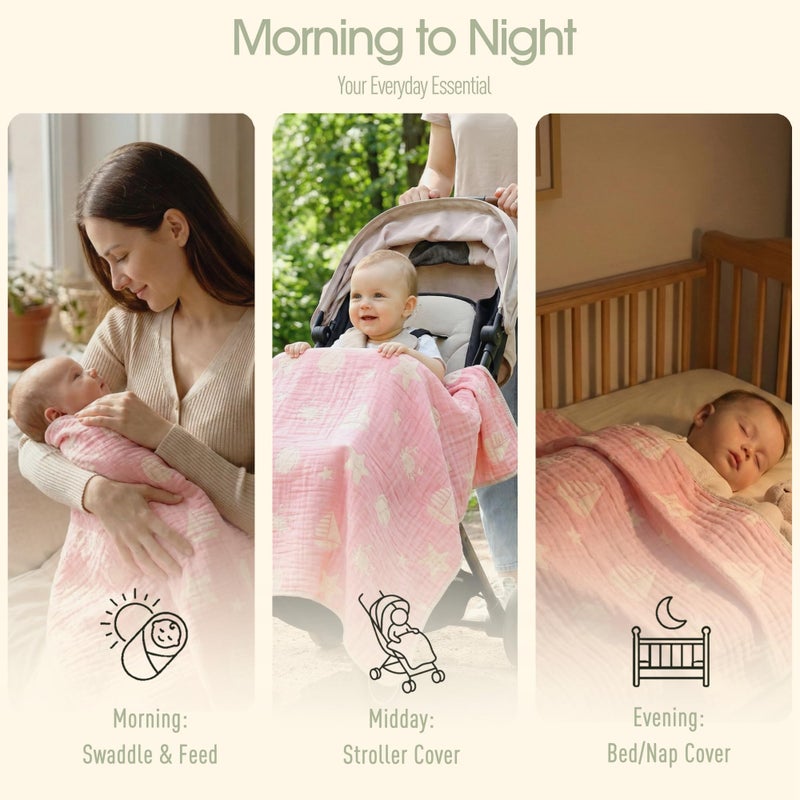 HardNok 6-Layer Muslin Baby Blanket Made with Organic Cotton - Serene Ocean Life & Sea Wonders Theme,Swaddle & Crib Quilt, 43" x 43",Pink Ocean - Image 4