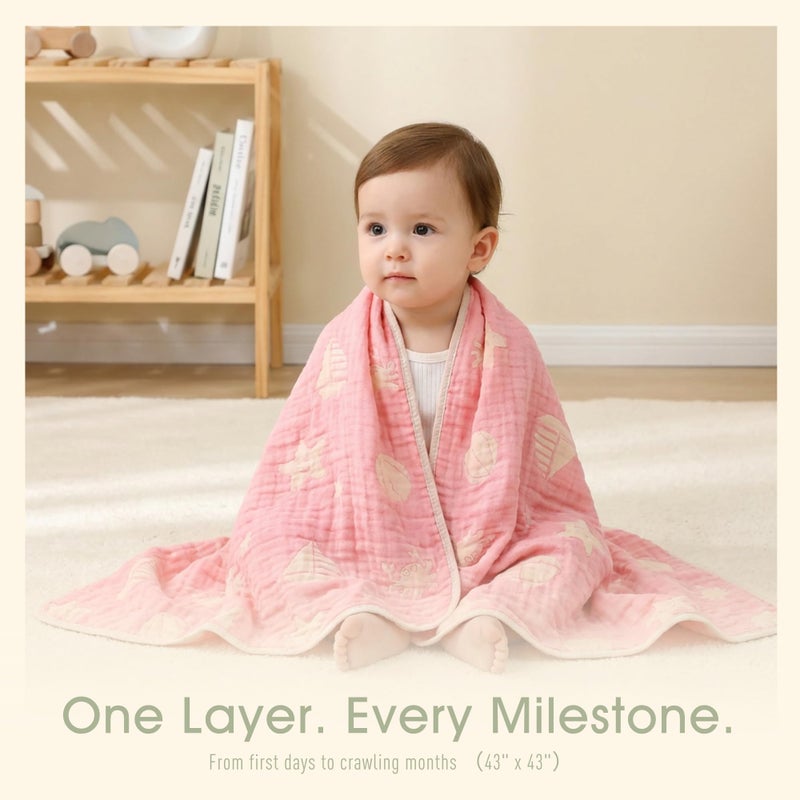 HardNok 6-Layer Muslin Baby Blanket Made with Organic Cotton - Serene Ocean Life & Sea Wonders Theme,Swaddle & Crib Quilt, 43" x 43",Pink Ocean - Image 2