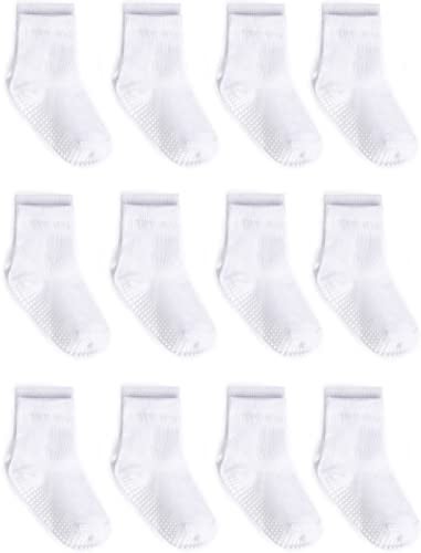 ZAPLES Baby Non Slip Grip Crew Socks with Anti Skid Soles for Infants Toddlers Kids Boys Girls, White, 4-7 Years - Image 1
