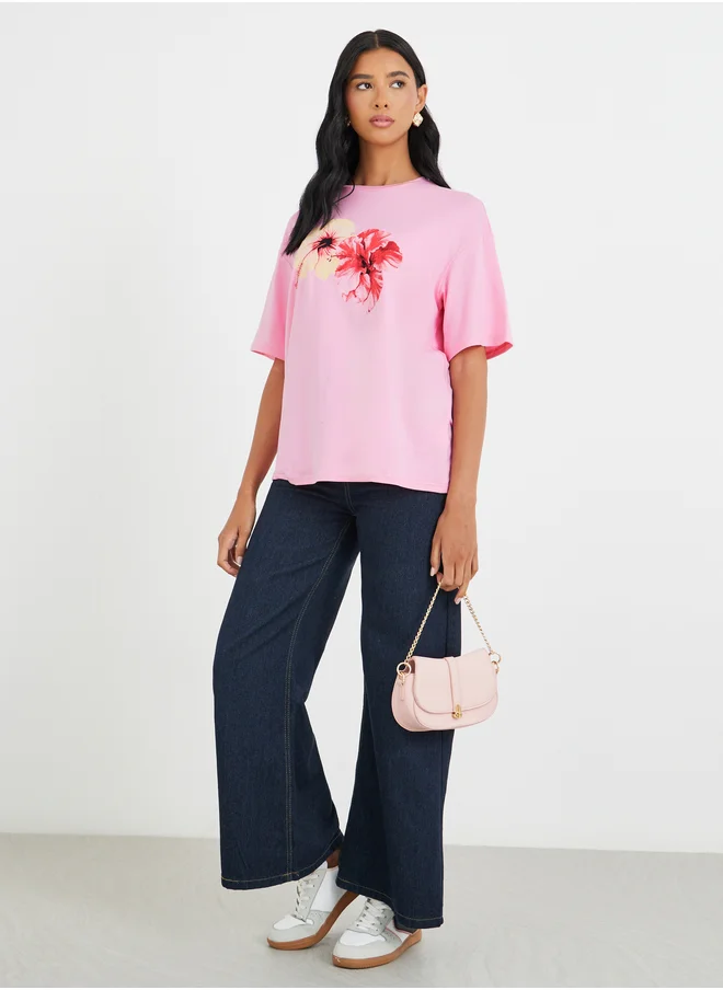 تايك تو Take Two Graphic Print Round Neck Oversized T-Shirt