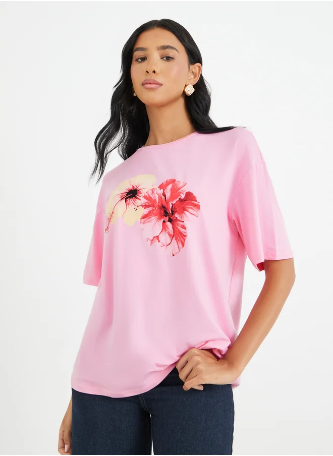 تايك تو Take Two Graphic Print Round Neck Oversized T-Shirt