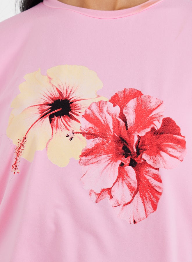 تايك تو تيشيرت جرافيك بطباعة دائرية بياقة مستديرة مقاس كبير - Image 3