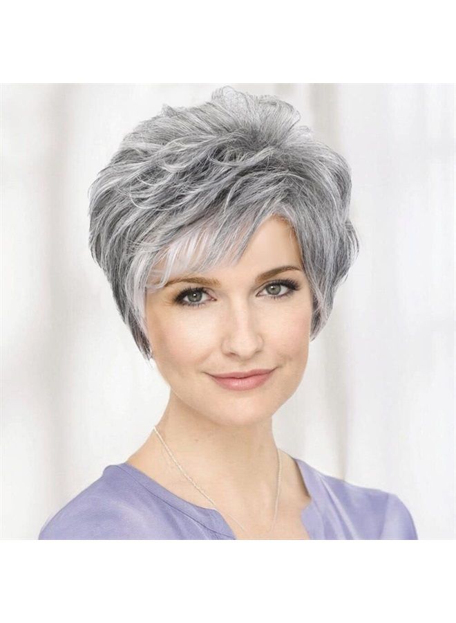 EMMOR Short Grey Human Hair Wigs for Women Blend Pixie Cut Wig With Bang,Natural Daily Use Hair (Color 2/600H101) - Image 1