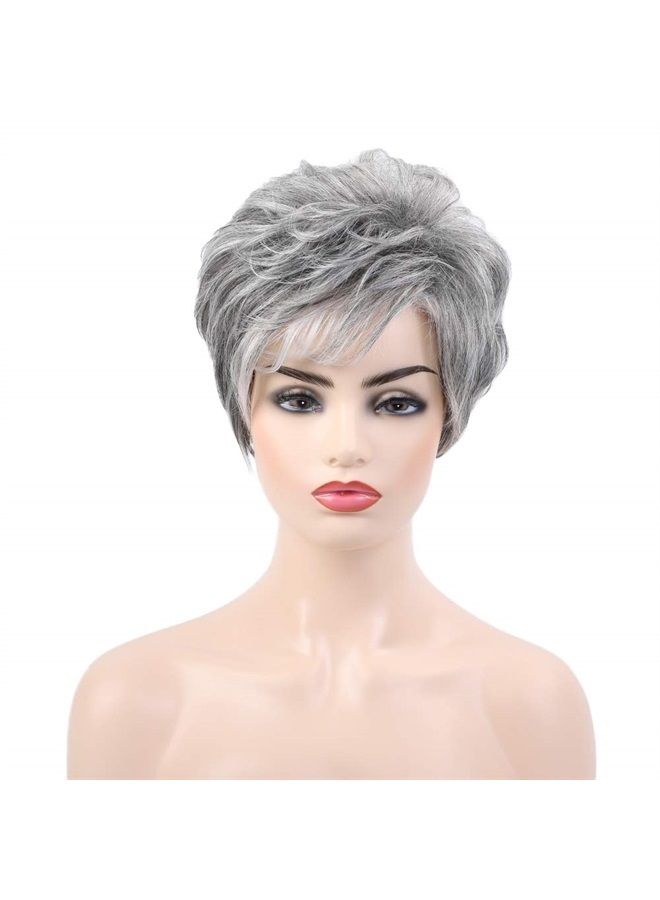 EMMOR Short Grey Human Hair Wigs for Women Blend Pixie Cut Wig With Bang,Natural Daily Use Hair (Color 2/600H101) - Image 2