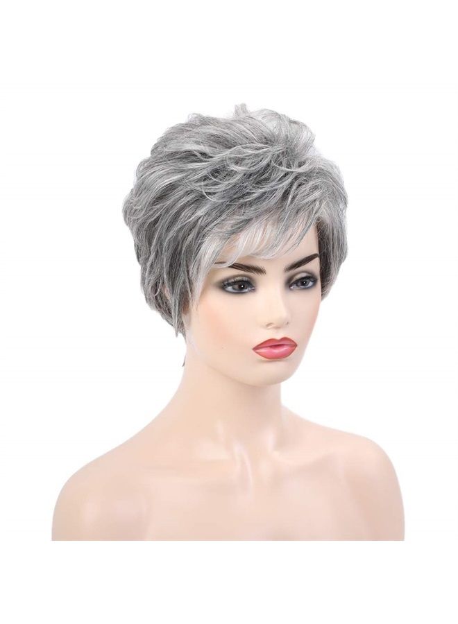 EMMOR Short Grey Human Hair Wigs for Women Blend Pixie Cut Wig With Bang,Natural Daily Use Hair (Color 2/600H101) - Image 3
