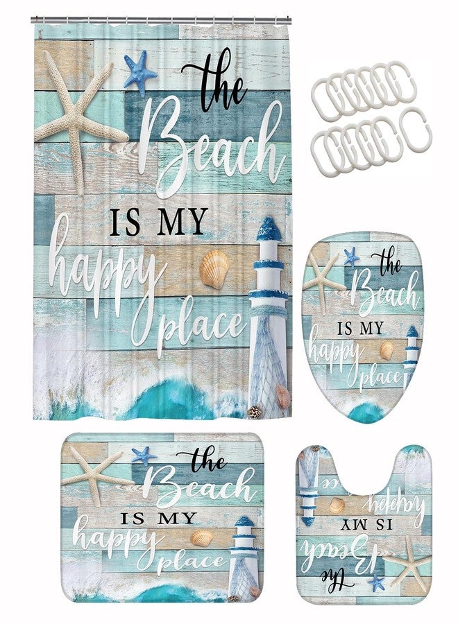 Chrainy 4Pcs Nautical Ocean Shower Curtain Sets Sea Wooden Bathroom Set Decor with Non-Slip Rugs Bath U-Shaped Mat Toilet Lid Cover Starfish Lighthouse Bathroom Curtain Shower Set with 12 Hooks - Image 5