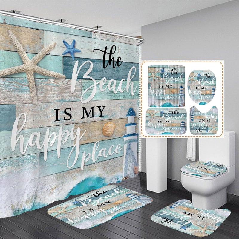Chrainy 4Pcs Nautical Ocean Shower Curtain Sets Sea Wooden Bathroom Set Decor with Non-Slip Rugs Bath U-Shaped Mat Toilet Lid Cover Starfish Lighthouse Bathroom Curtain Shower Set with 12 Hooks - Image 1