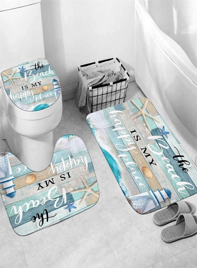 Chrainy 4Pcs Nautical Ocean Shower Curtain Sets Sea Wooden Bathroom Set Decor with Non-Slip Rugs Bath U-Shaped Mat Toilet Lid Cover Starfish Lighthouse Bathroom Curtain Shower Set with 12 Hooks - Image 4