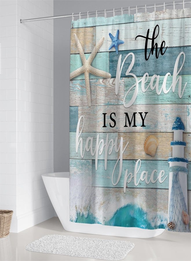 Chrainy 4Pcs Nautical Ocean Shower Curtain Sets Sea Wooden Bathroom Set Decor with Non-Slip Rugs Bath U-Shaped Mat Toilet Lid Cover Starfish Lighthouse Bathroom Curtain Shower Set with 12 Hooks - Image 2