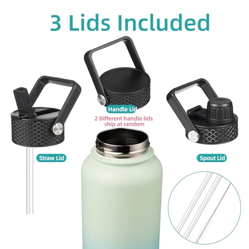Konokyo 32 oz Insulated Water Bottle Stainless Steel Sport Bottles with 3 Lids,Mint - Image 3