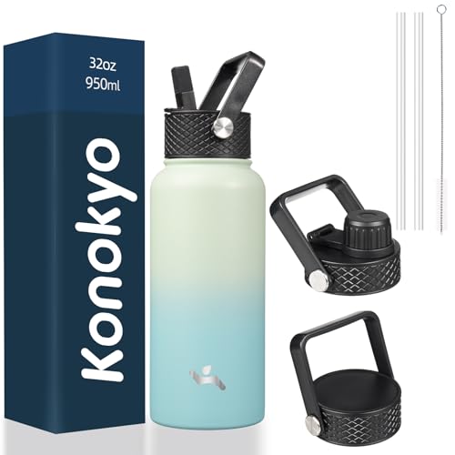 Konokyo 32 oz Insulated Water Bottle Stainless Steel Sport Bottles with 3 Lids,Mint - Image 1