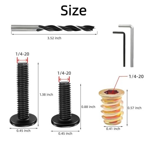 MTRoyaldia 50PCS 1/4"-20x15mm Threaded Inserts for Wood +20PCS 1/4-20 x 1-1/4" Bolt +30PCS 1/4-20 x 3/4" Bolt,Furniture Screw,Hex Socket Drive Nut Threaded Wood Inserts with 9mm Drill bit & hex Wrench - Image 2