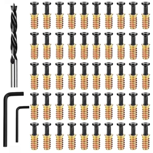 MTRoyaldia 50PCS 1/4"-20x15mm Threaded Inserts for Wood +20PCS 1/4-20 x 1-1/4" Bolt +30PCS 1/4-20 x 3/4" Bolt,Furniture Screw,Hex Socket Drive Nut Threaded Wood Inserts with 9mm Drill bit & hex Wrench - Image 1