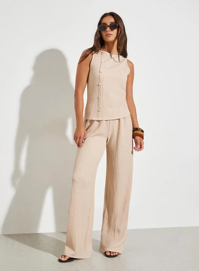 Styli Beige Textured Top and Wide Leg Pants Co-Ords