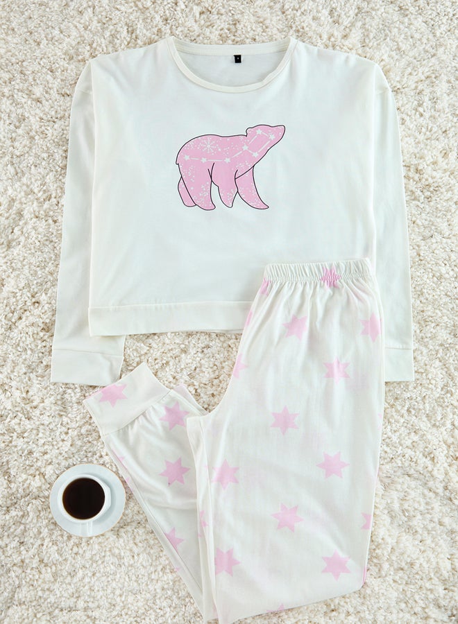 trendyol Pink-Ecru 100% Cotton Star Patterned Knitted Pajama Set THMAW21PT0241 