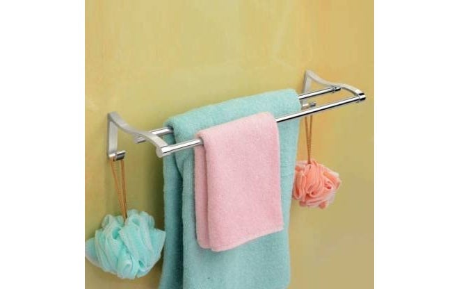 Filox حامل مناشف مزدوج من الفولاذ المقاوم للصدأ مع خطافات وحامل قضيب المناشف | حامل مناشف يدوي مثبت على الحائط للحمام والمطبخ | مجموعة رف الحمام وقضيب المناشف بطول 24 بوصة - Image 3
