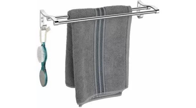 Filox حامل مناشف مزدوج من الفولاذ المقاوم للصدأ مع خطافات وحامل قضيب المناشف | حامل مناشف يدوي مثبت على الحائط للحمام والمطبخ | مجموعة رف الحمام وقضيب المناشف بطول 24 بوصة - Image 2