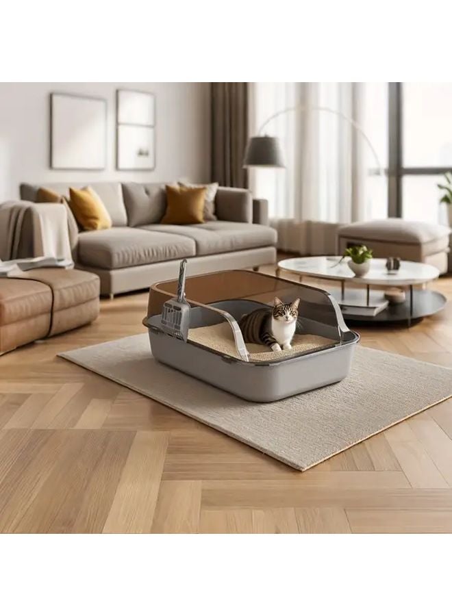 Large Cat Litter Box With Scratching Post Spill Proof Tray Easy Clean Lid Star Gray - Image 1