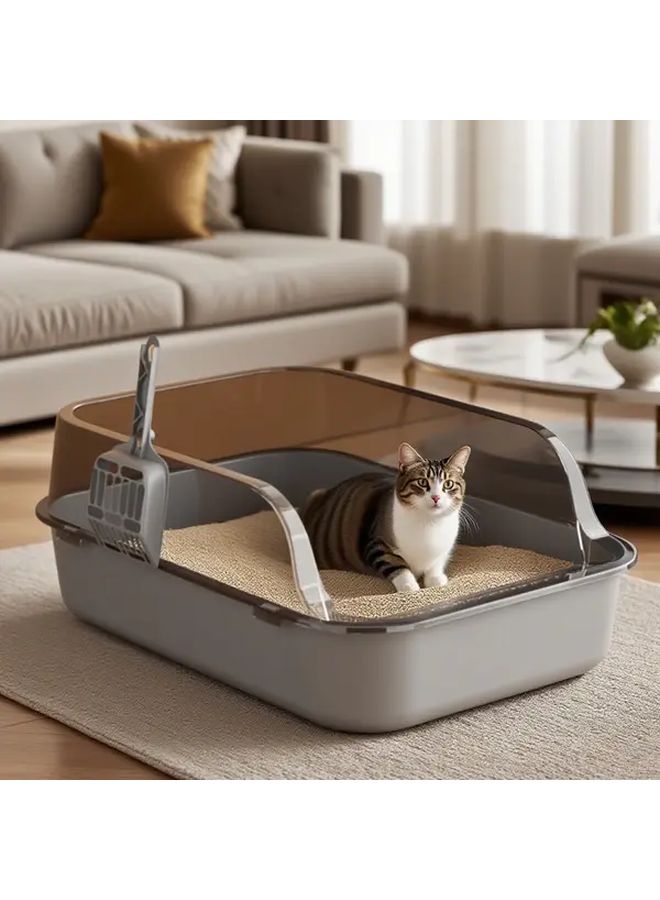 Large Cat Litter Box With Scratching Post Spill Proof Tray Easy Clean Lid Star Gray - Image 2
