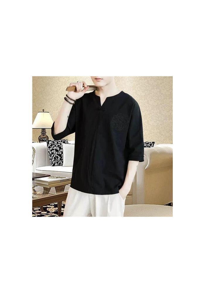 Chinese Style Short-sleeved T-shirt Men's Summer Embroidered Linen Half-sleeved Trendy Brand plus size Men's Loose Thin Cotton and Linen Top - Image 1