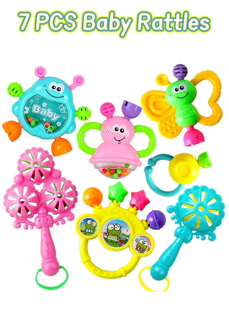 7pcs Baby Rattle Toy, Baby Toys 0-6 months Chewing Silicone Teether, Food Grade Silicone + High Quality ABS Material, Bright Color, Baby toy Gift, Early Educational Toy Set. - Image 1
