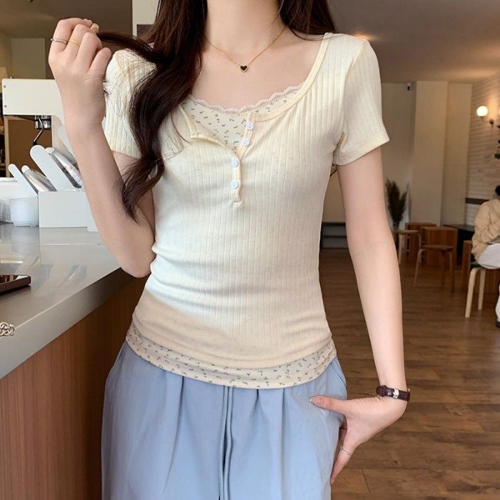 Original Jacquard Fabric Pure Desire Two-Piece Stacked Lace Short-Sleeved T-Shirt Women'S Summer Floral Base Shirt - Image 1