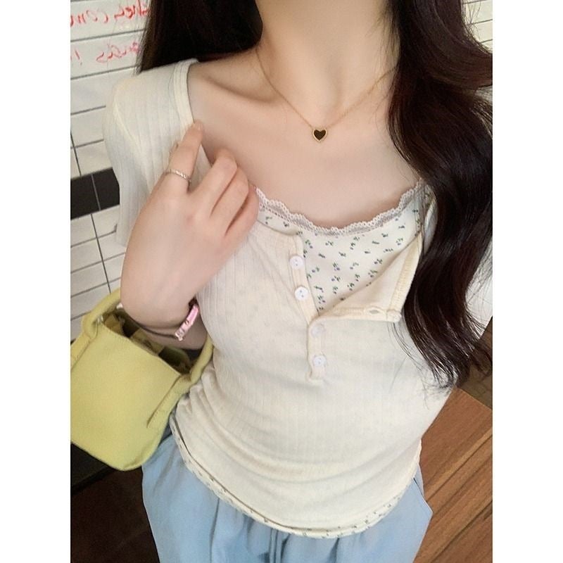 Original Jacquard Fabric Pure Desire Two-Piece Stacked Lace Short-Sleeved T-Shirt Women'S Summer Floral Base Shirt - Image 3