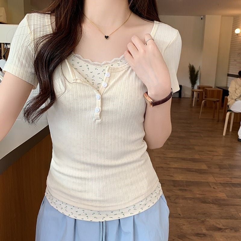 Original Jacquard Fabric Pure Desire Two-Piece Stacked Lace Short-Sleeved T-Shirt Women'S Summer Floral Base Shirt - Image 2