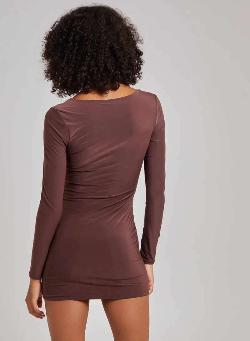 Pink Vanilla Square Neck Long Sleeve Gathered Mini Dress