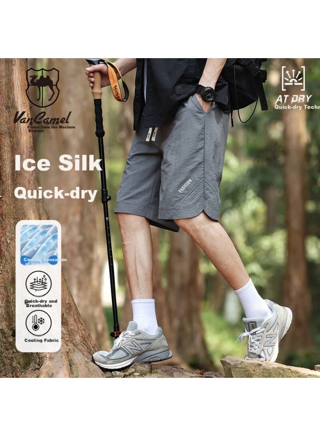 Vancamel Men's Summer Thin Ice Silk Quick-drying Loose Breathable Outdoor Sports Shorts Grey L - Image 1