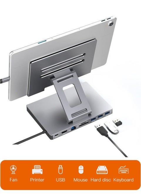 حامل تابلت عالي الجودة، قابل للتعديل والطي، موزع USB C 9 في 1، 4K@60HZ، HDMI، USB 3.0، PD 100W، قارئ بطاقة SD/TF، حامل تابلت للأجهزة اللوحية، iPad، إلخ.