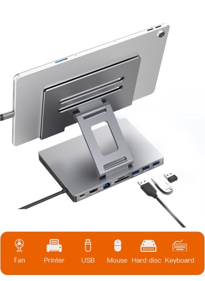 حامل تابلت عالي الجودة، قابل للتعديل والطي، موزع USB C 9 في 1، 4K@60HZ، HDMI، USB 3.0، PD 100W، قارئ بطاقة SD/TF، حامل تابلت للأجهزة اللوحية، iPad، إلخ.