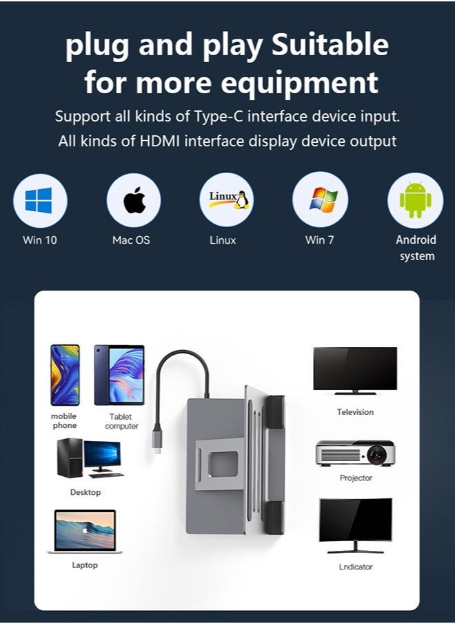 حامل تابلت عالي الجودة، قابل للتعديل والطي، موزع USB C 9 في 1، 4K@60HZ، HDMI، USB 3.0، PD 100W، قارئ بطاقة SD/TF، حامل تابلت للأجهزة اللوحية، iPad، إلخ.