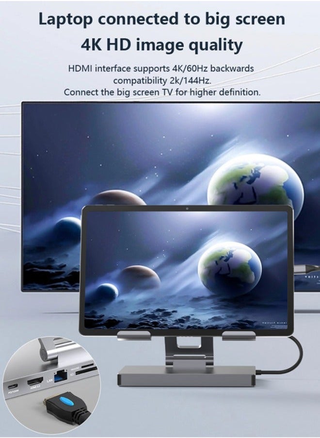 حامل تابلت عالي الجودة، قابل للتعديل والطي، موزع USB C 9 في 1، 4K@60HZ، HDMI، USB 3.0، PD 100W، قارئ بطاقة SD/TF، حامل تابلت للأجهزة اللوحية، iPad، إلخ.