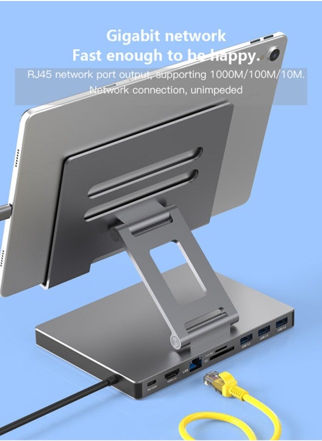 حامل تابلت عالي الجودة، قابل للتعديل والطي، موزع USB C 9 في 1، 4K@60HZ، HDMI، USB 3.0، PD 100W، قارئ بطاقة SD/TF، حامل تابلت للأجهزة اللوحية، iPad، إلخ.