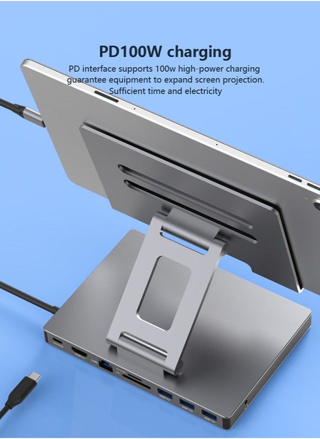 حامل تابلت عالي الجودة، قابل للتعديل والطي، موزع USB C 9 في 1، 4K@60HZ، HDMI، USB 3.0، PD 100W، قارئ بطاقة SD/TF، حامل تابلت للأجهزة اللوحية، iPad، إلخ.
