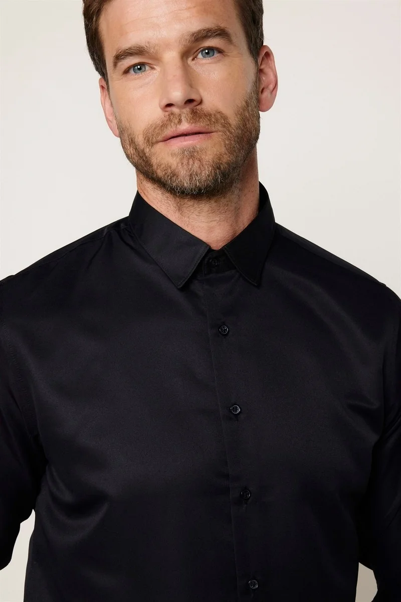 Tudors Slim Fit Long Sleeve Easy Iron Sweat Absorbent Breathable Texture Tie Four Seasons Black Men's Shirt