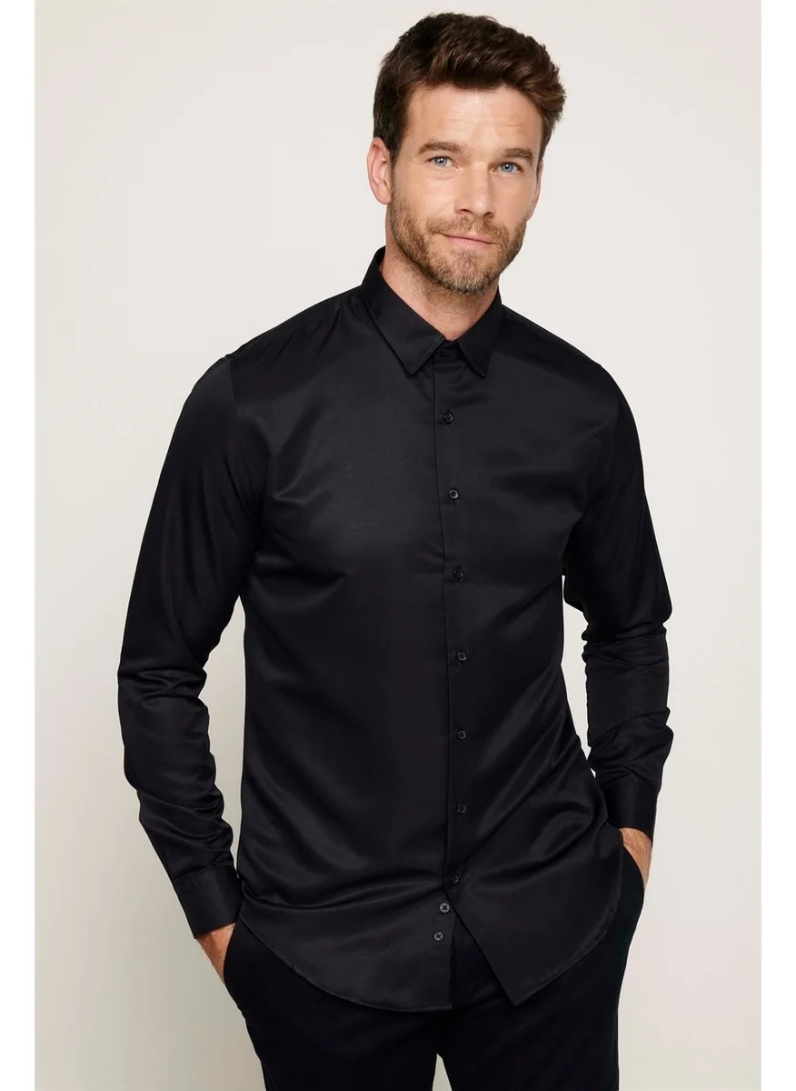 Tudors Slim Fit Long Sleeve Easy Iron Sweat Absorbent Breathable Texture Tie Four Seasons Black Men's Shirt