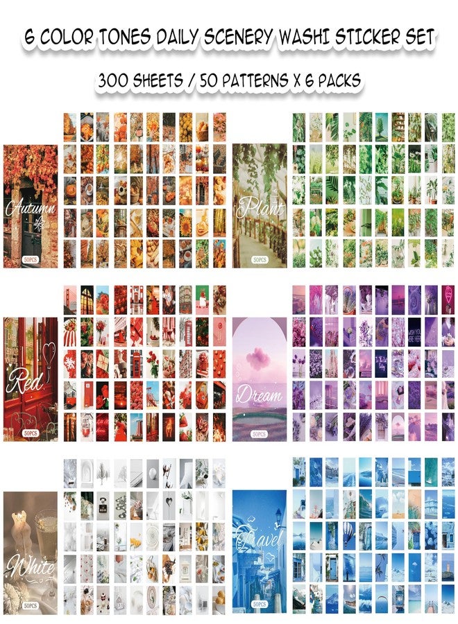 Bomichi 6 Sets 300 Pcs Washi Stickers Set, Daily Scenery Life Stuff Aesthetic Sticker Book for Journaling, Assorted Colors Decorative Paper Sticker Decals for Scrapbooking Junk Journal Diary Album - Image 4
