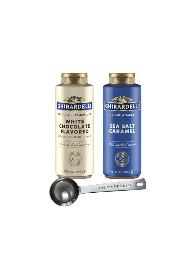 GHIRARDELLI Ghirardelli Sea Salt Caramel and White Chocolate Flavored Sauce Squeeze Bottles, 16 Ounce (Pack 2) with Ghirardelli Stamped Barista Spoon  - Image 1