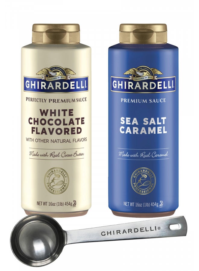 GHIRARDELLI Ghirardelli Sea Salt Caramel and White Chocolate Flavored Sauce Squeeze Bottles, 16 Ounce (Pack 2) with Ghirardelli Stamped Barista Spoon  - Image 2