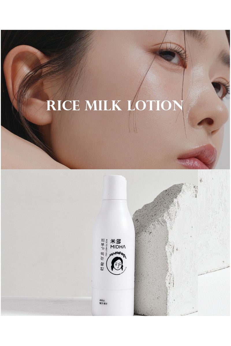 Midha Rice Milk Lotion 200ml delivers silky, breathable moisture that leaves your skin feeling refreshed, soft, and naturally luminous.  Its smooth, fast-absorbing texture helps restore balance and improves overall skin tone without any sticky residue. - Image 3