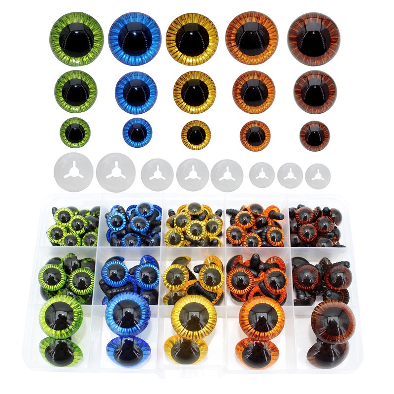 BESTCYC 1Box160pcs 3Size 5Colors Threaded Shank Design Plastic Safety Eyes Craft Eyes with Washers for Crafts DIY Amigurumi Stuffed Animal Toy Doll DIY Making Supplies BlueGreenBrownYellowOrange